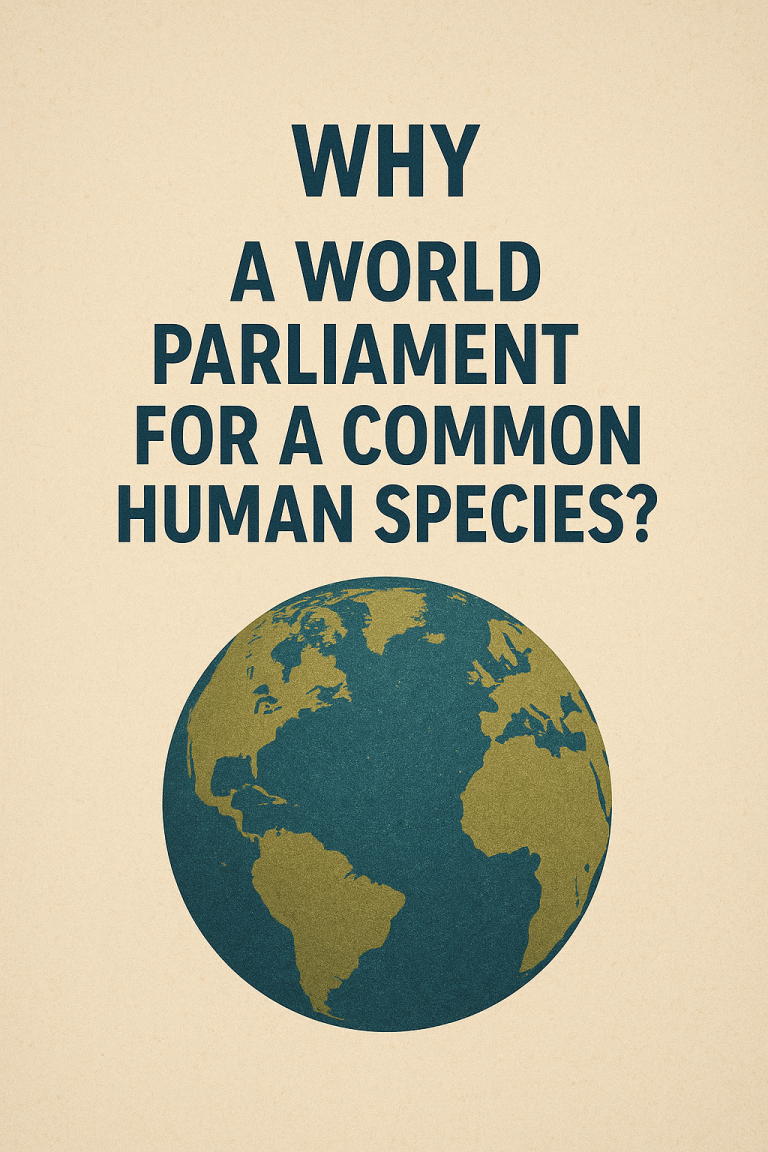 Why a World Parliament? Text on a beige background: “Why a world parliament for a shared human race?” with an image of the Earth.