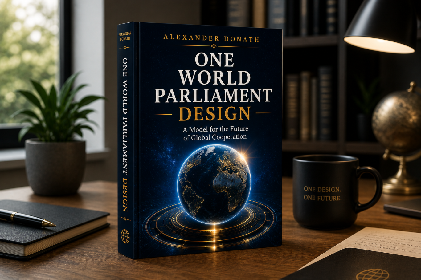 One World Parliament Design Book cover featuring the title "One World Parliament Design" and an image of a globe.