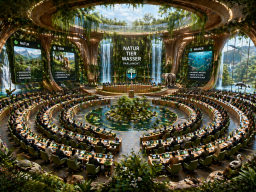 Small Animal, Nature and Water Parliament A futuristic conference hall surrounded by nature, with waterfalls and plants.