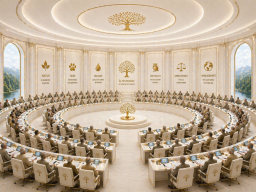 Council of Elders An elegant meeting room with circular tables and a large number of attendees.